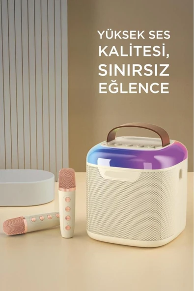 D51 Beyaz Çift Mikrofonlu Kablosuz Parti Hoparlörü - Resim 4