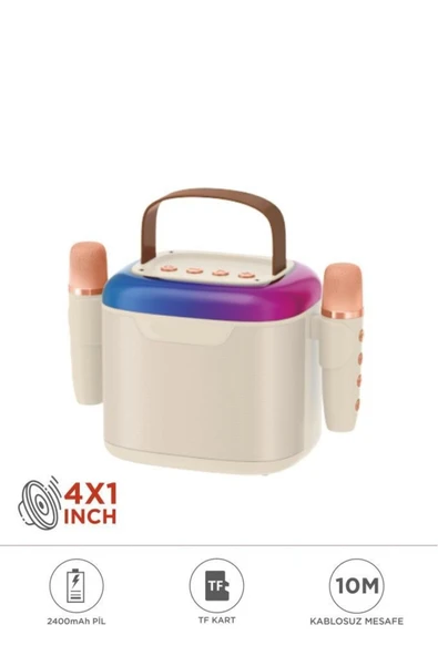 D51 Beyaz Çift Mikrofonlu Kablosuz Parti Hoparlörü ürün görseli 1