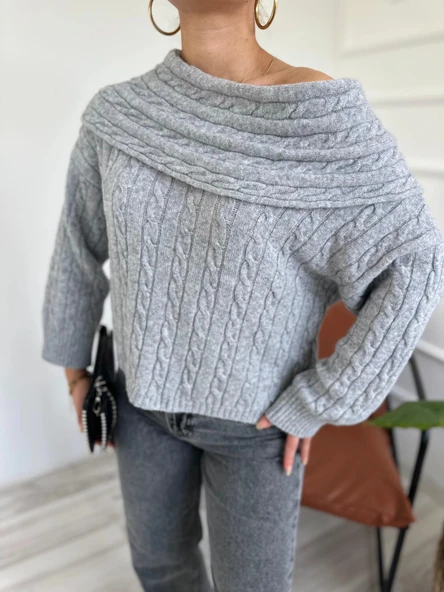 Kadın Madonna Yaka Kazak Gri - Resim 9