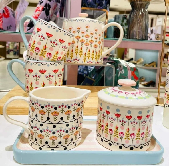 Cath Kidston Çok Renkli ve Çiçekli Sütlük ve Şekerlik Uzun Pastel Pembe Çizgili Porselen Tabak Seti ürün görseli
