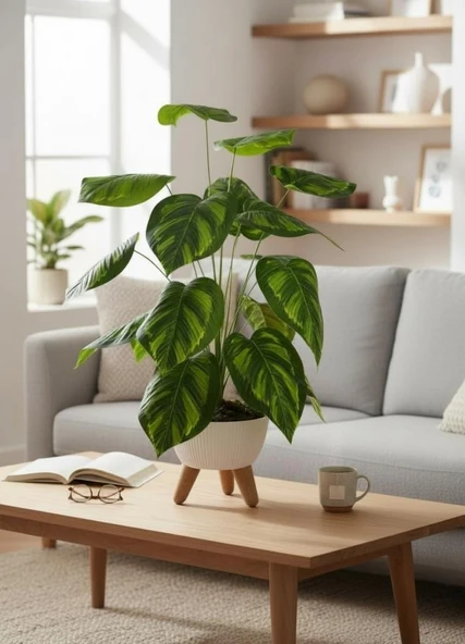 Yapay Çiçek Salon Bitkisi Difenbahya 70cm 18 Yaprak Beyaz Zigon Saksıda - Resim 7