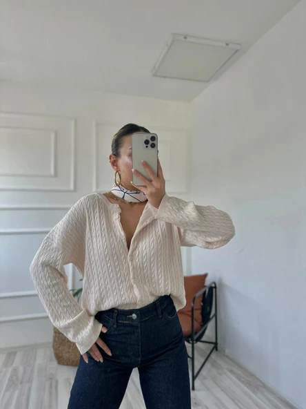 Kadın Saç Örgülü Hırka Krem ürün görseli 1