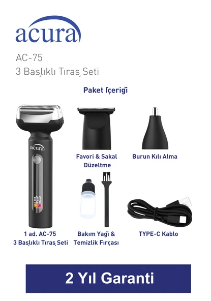 Acura AC-75 3 Başlıklı Metal Gövdeli Tıraş Seti - Resim 4