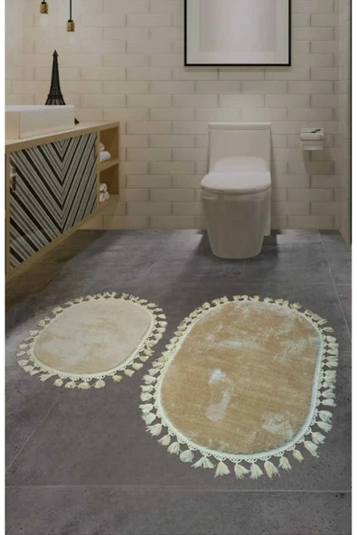 2li Peluş Saçaklı Dokuma Tabanlı Banyo Takımı Bej ürün görseli