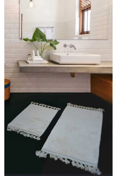 2li Peluş Saçaklı Dokuma Tabanlı Banyo Takımı Beyaz ürün görseli