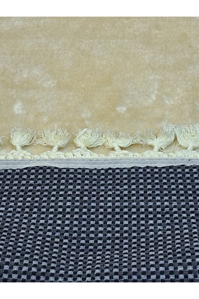 2li Peluş Saçaklı Dokuma Tabanlı Banyo Takımı Bej - Resim 5