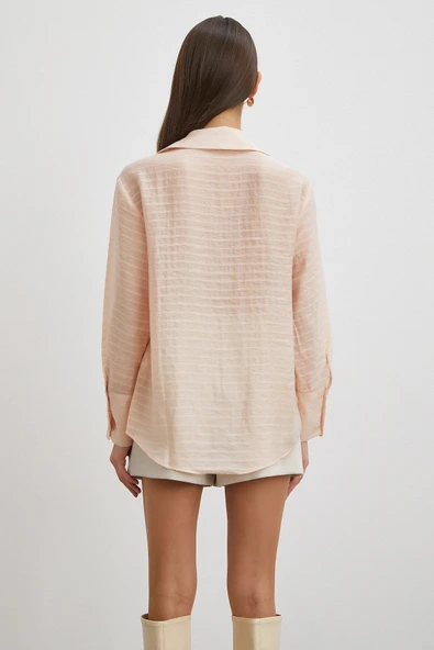 Kabartma Çizgili Gömlek Pudra - Resim 5