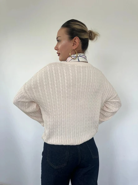 Kadın Saç Örgülü Hırka Krem - Resim 10