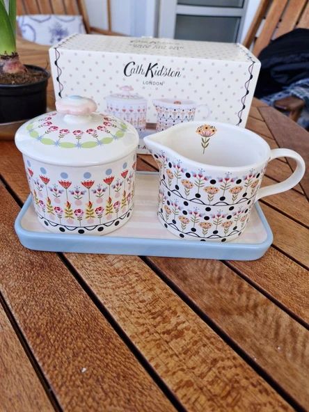 Cath Kidston Çok Renkli ve Çiçekli Sütlük ve Şekerlik Uzun Pastel Pembe Çizgili Porselen Tabak Seti - Resim 4