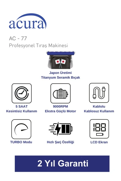 AC-77 Titanyum Seramik Bıçaklı Profesyonel Sakal Ense Tıraş Makinesi - Resim 2