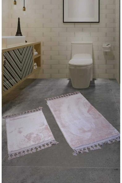 2li Peluş Saçaklı Dokuma Tabanlı Banyo Takımı Pembe ürün görseli