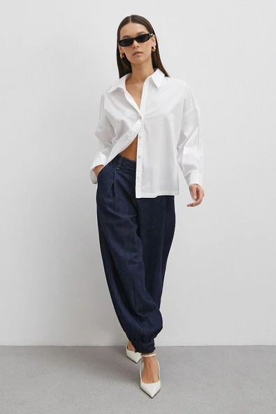 Paçası Düğmeli Yüksek Bel Mom Jean Lacivert - Resim 4