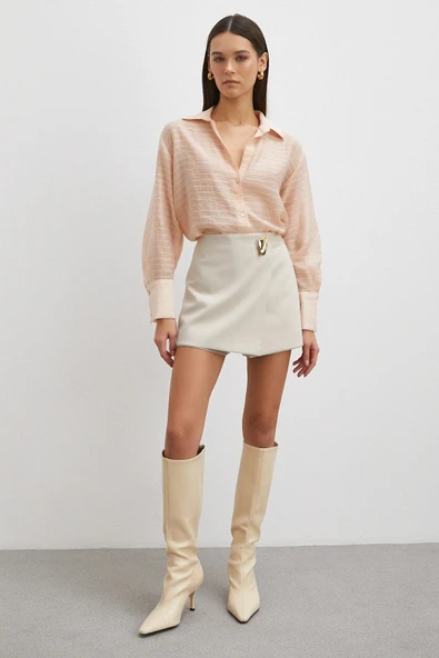 Kabartma Çizgili Gömlek Pudra - Resim 2