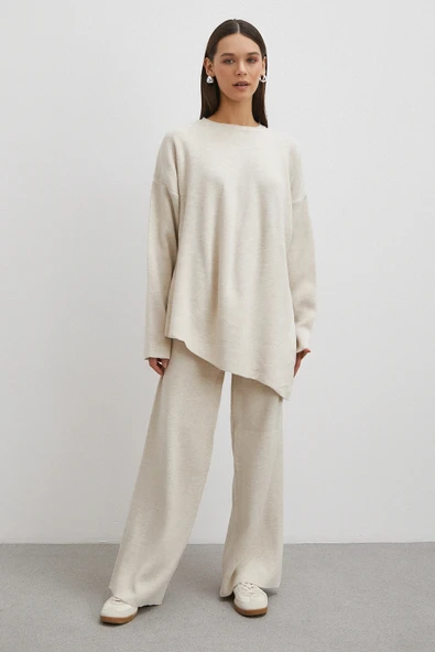 Eteği Çapraz Pantolonlu Bisiklet Yaka Takım Ekru - Resim 6