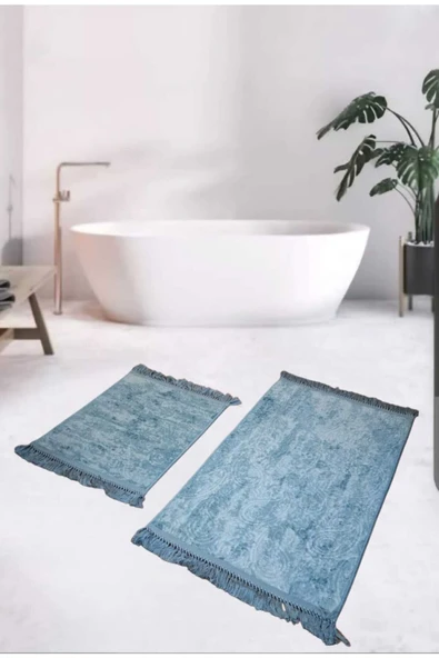 2Li  Saçaklı Dokuma Kaymaz Tabanlı Banyo  Takımı  MAVİ ürün görseli