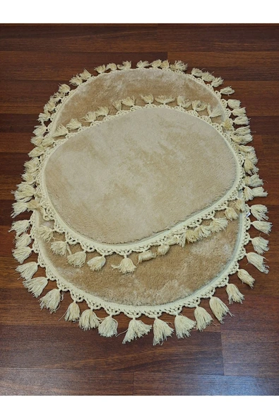 2li Peluş Saçaklı Dokuma Tabanlı Banyo Takımı Bej - Resim 3