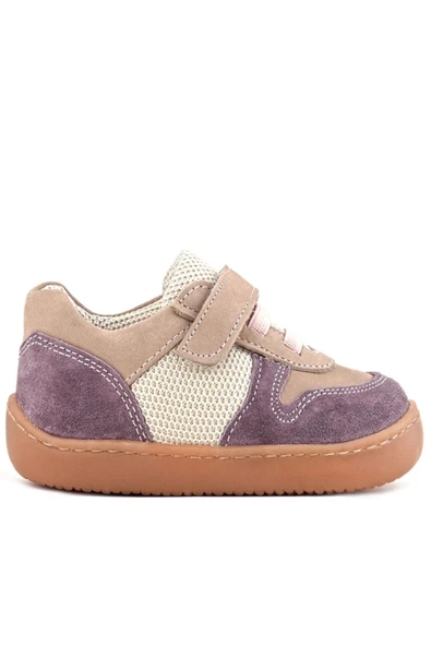 Rakerplus Bob Hakiki Deri Mor Pudra Barefoot Cırtlı Lastikli Bebek Sneaker Ayakkabı - Resim 3