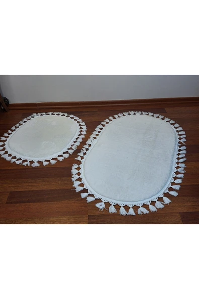 2li Peluş Saçaklı Dokuma Tabanlı Banyo Takımı Beyaz - Resim 2