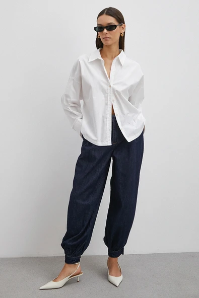 Paçası Düğmeli Yüksek Bel Mom Jean Lacivert - Resim 2