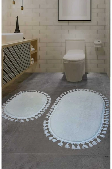 2li Peluş Saçaklı Dokuma Tabanlı Banyo Takımı Beyaz ürün görseli