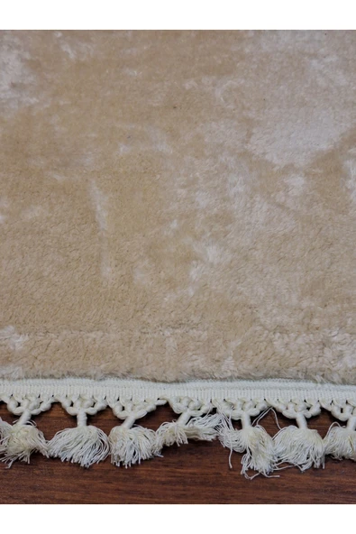 2li Peluş Saçaklı Dokuma Tabanlı Banyo Takımı Bej - Resim 4