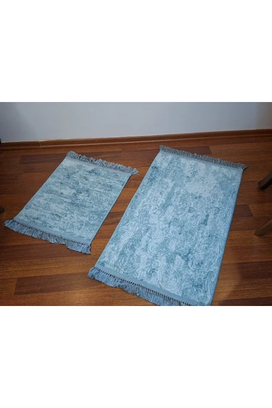 2Li  Saçaklı Dokuma Kaymaz Tabanlı Banyo  Takımı  MAVİ - Resim 4