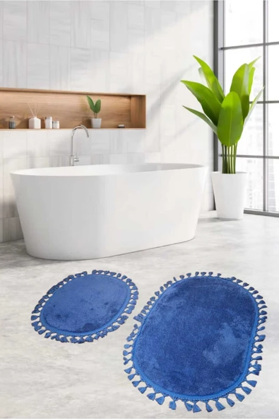 2Li Peluş Saçaklı Dokuma Tabanlı Banyo  Takımı MAVİ ürün görseli