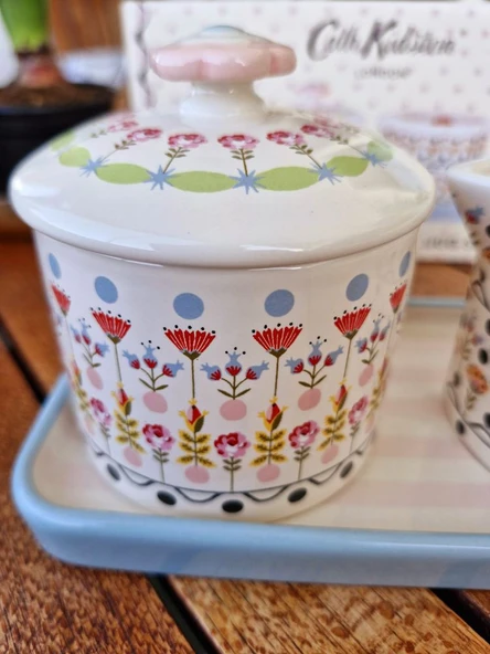 Cath Kidston Çok Renkli ve Çiçekli Sütlük ve Şekerlik Uzun Pastel Pembe Çizgili Porselen Tabak Seti - Resim 5