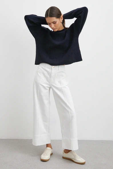 Önü Cepli Paça Detaylı Jean Beyaz - Resim 3