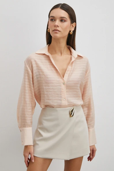 Kabartma Çizgili Gömlek Pudra - Resim 4