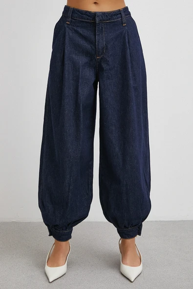 Paçası Düğmeli Yüksek Bel Mom Jean Lacivert - Resim 5