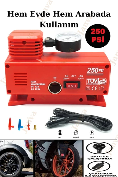Janva Araba Oto Araç Lastik Şişirme Pompası Hava Kompresörü 250psi DC 12-AC 220 Volt Kompresör Pompa Seti ürün görseli 1