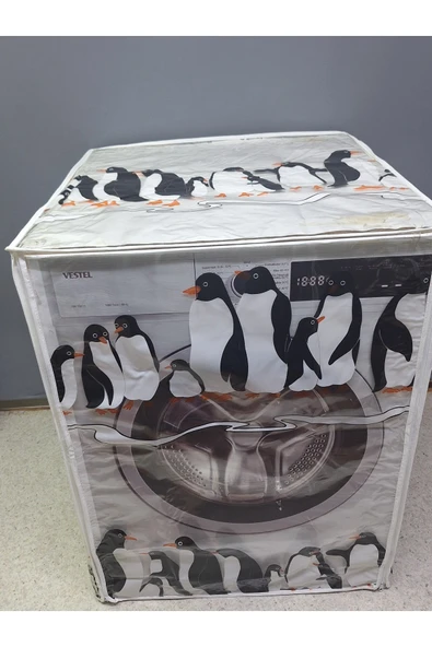 Fermuarlı Çamaşır ve Kurutma Makinesi Örtüsü [Penguen desenli] - Resim 2