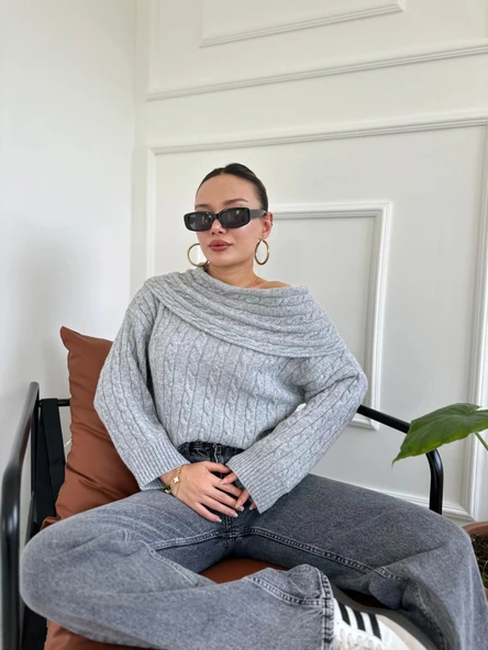 Kadın Madonna Yaka Kazak Gri - Resim 3