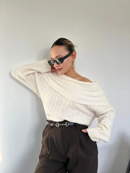 Kadın Madonna Yaka Kazak Ekru - Resim 2