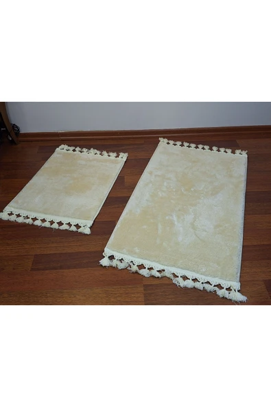 2li Peluş Saçaklı Dokuma Tabanlı Banyo Takımı Bej - Resim 2