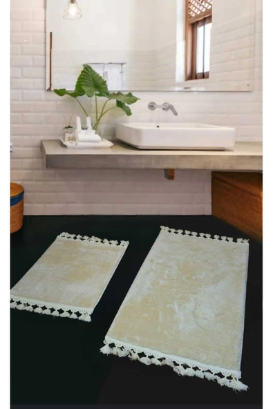 2li Peluş Saçaklı Dokuma Tabanlı Banyo Takımı Bej ürün görseli