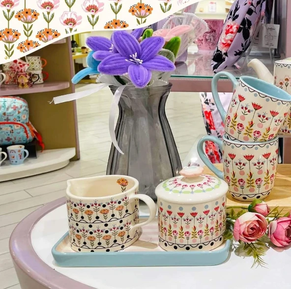 Cath Kidston Çok Renkli ve Çiçekli Sütlük ve Şekerlik Uzun Pastel Pembe Çizgili Porselen Tabak Seti - Resim 2