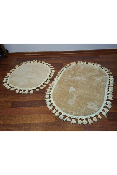 2li Peluş Saçaklı Dokuma Tabanlı Banyo Takımı Bej - Resim 2
