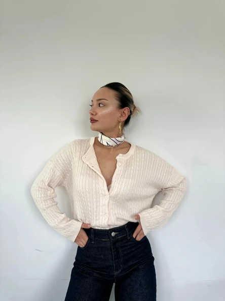 Kadın Saç Örgülü Hırka Krem - Resim 7