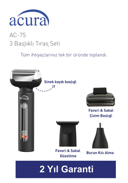 Acura AC-75 3 Başlıklı Metal Gövdeli Tıraş Seti - Resim 3