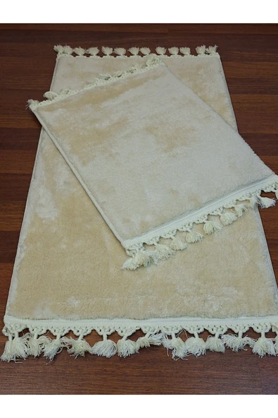 2li Peluş Saçaklı Dokuma Tabanlı Banyo Takımı Bej - Resim 3
