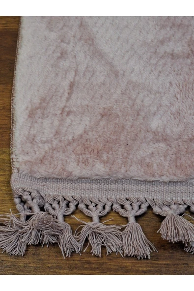 2li Peluş Saçaklı Dokuma Tabanlı Banyo Takımı Pembe - Resim 4