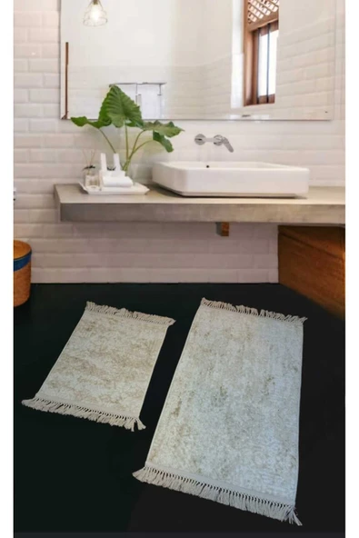 2Li  Saçaklı Dokuma Kaymaz Tabanlı Banyo  Takımı  KREM ürün görseli