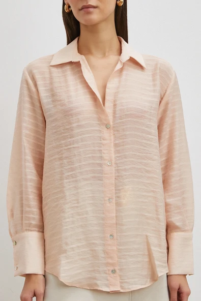 Kabartma Çizgili Gömlek Pudra - Resim 6