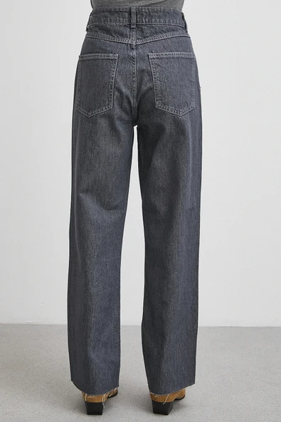 Çapraz Fermuarlı Kesik Paça Düğmeli Jean Füme - Resim 6