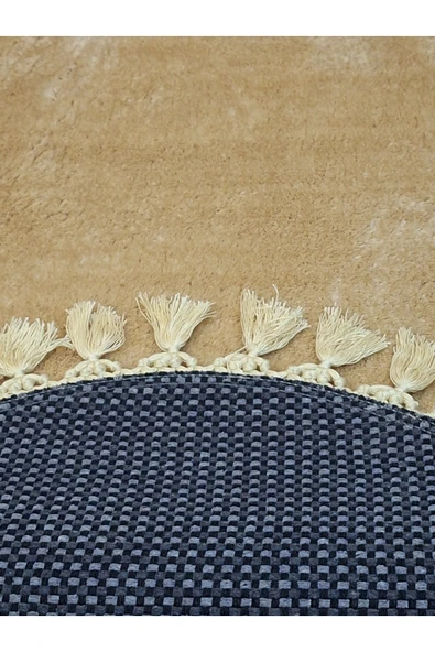 2li Peluş Saçaklı Dokuma Tabanlı Banyo Takımı Bej - Resim 5