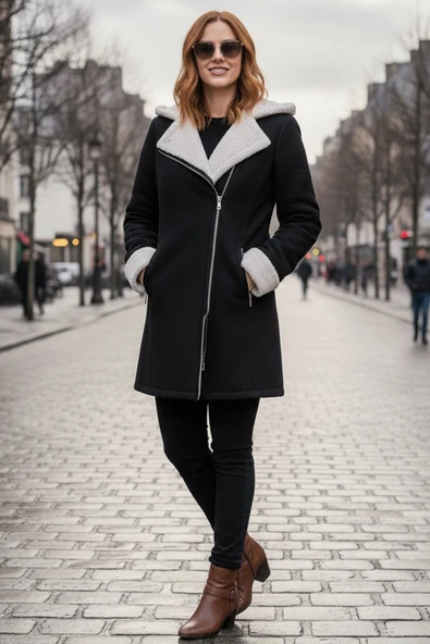 Günlük Kadın Siyah Kaşe Kışlık Kaban - Resim 2