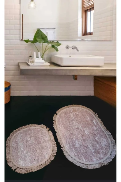 2Li  Saçaklı Dokuma Kaymaz Tabanlı Banyo  Takımı  PEMBE ürün görseli