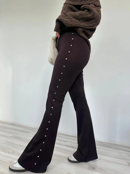 Kadın Yanı Zımba Detaylı İspanyol Paça Tayt Kahverengi - Resim 2